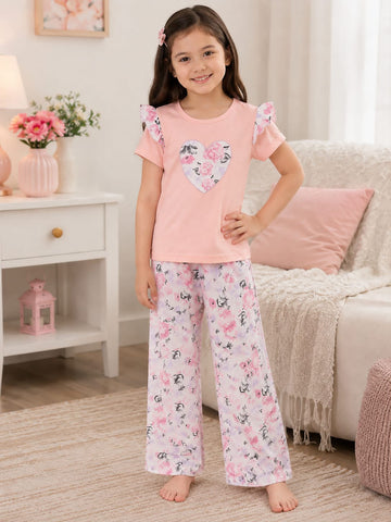 0000                Baby Pink Floral Heart Printed Half Frill Sleeves T-shirt with Floral Printed Pajama Kids Suits
