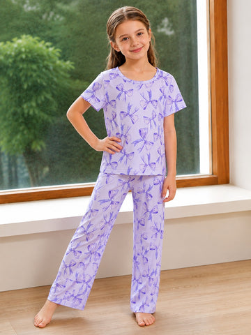 0000          Lilac All Over Bow  Printed Half Sleeves T-shirt with Bow Printed  Pajama Kids Suits