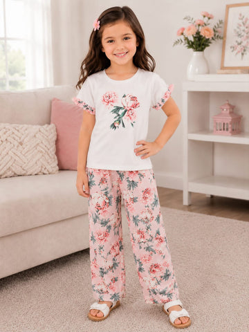 0000                Baby Pink Flowers Printed Half Floral Sleeves T-shirt with Floral Printed Pajama Kids Suits