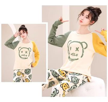 0001 OffWhite Yellow Green Contrast Smile Printed Full Sleeves T-shirt With Smile Printed Pajama Suit