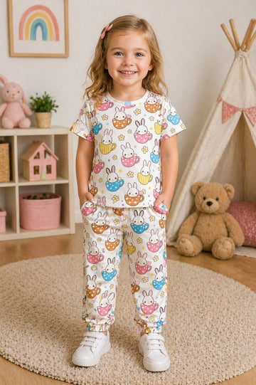 0000            Offwhite multi Rabbit  Printed Half Sleeves T-shirt with Multi Rabbit Digital Printed Pajama Kids Suits