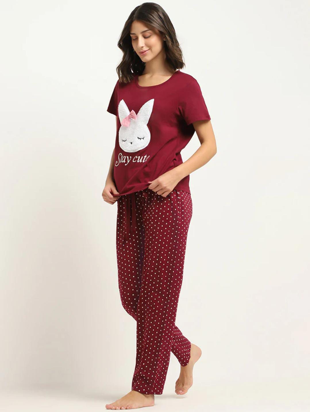 Red Rabbit Printed Half Sleeves T-shirt Polka Dot Printed Pajama Suit