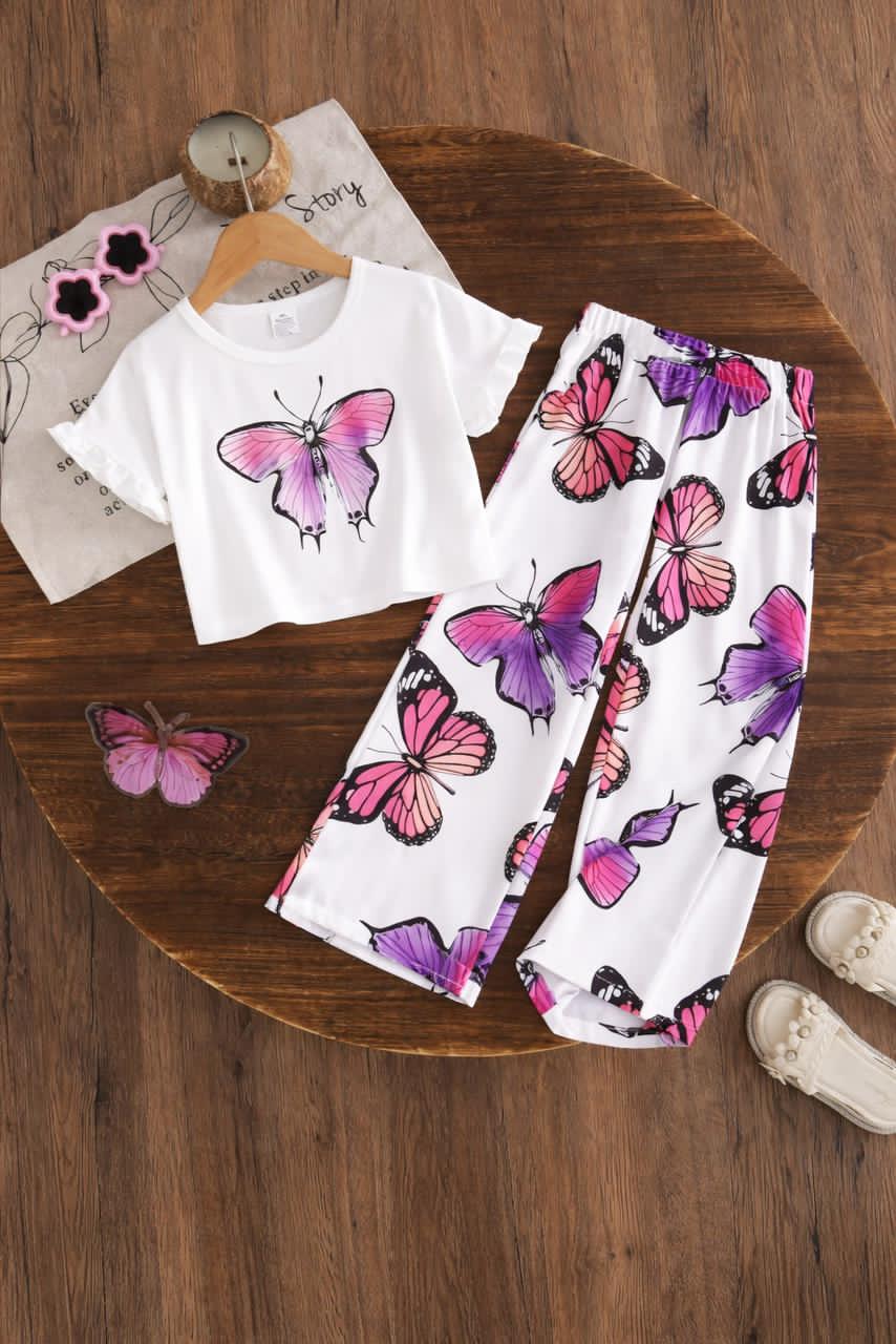 0000          Offwhite Butterfly Printed  Half Sleeves T-shirt with Butterflies Digital Printed Pajama Kids Suits