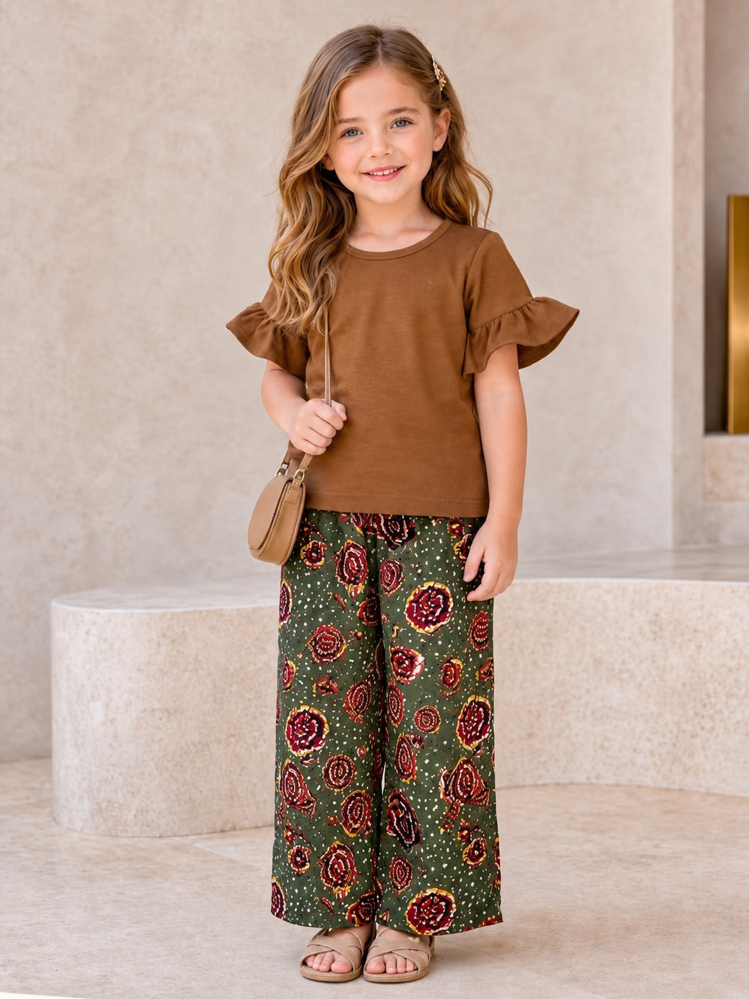 0000             Brown Plain Frill Half Sleeves T-shirt with Flower Printed  Pajama Kids Suits