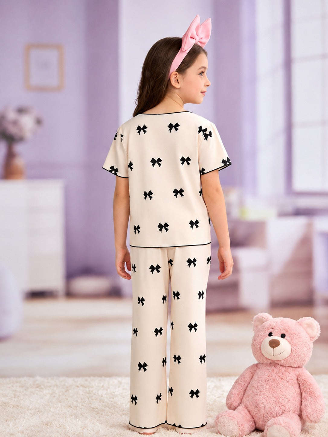0000           Cream Black Bow Printed Half Sleeves T-shirt with Bow Printed  Pajama Kids Suits