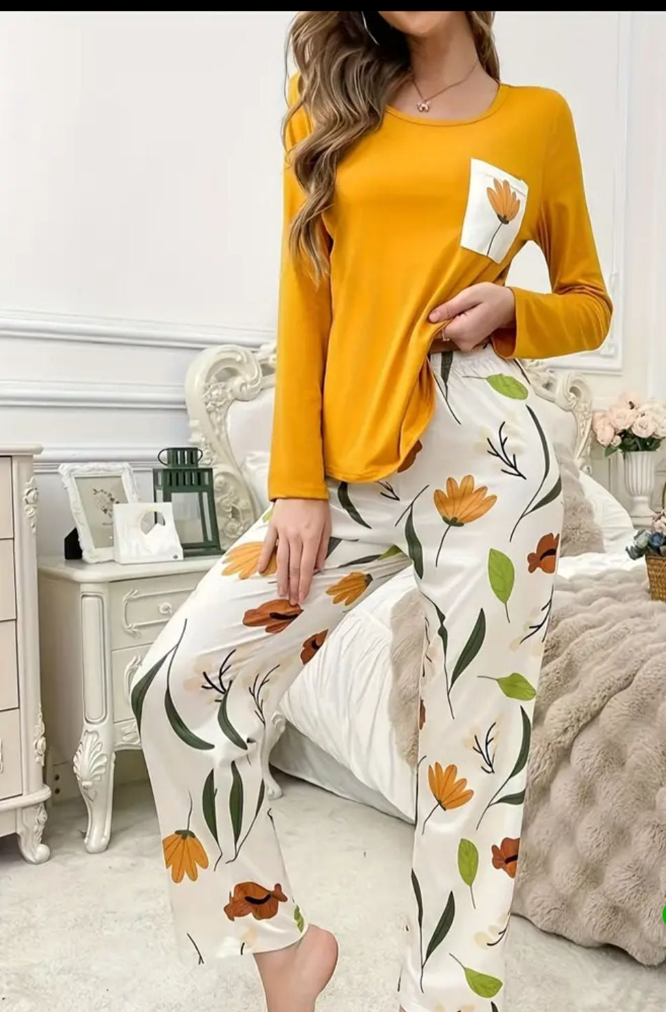 0000  Mustard Front Floral printed Full Sleeves T-shirt With Floral Printed Pajama Suit