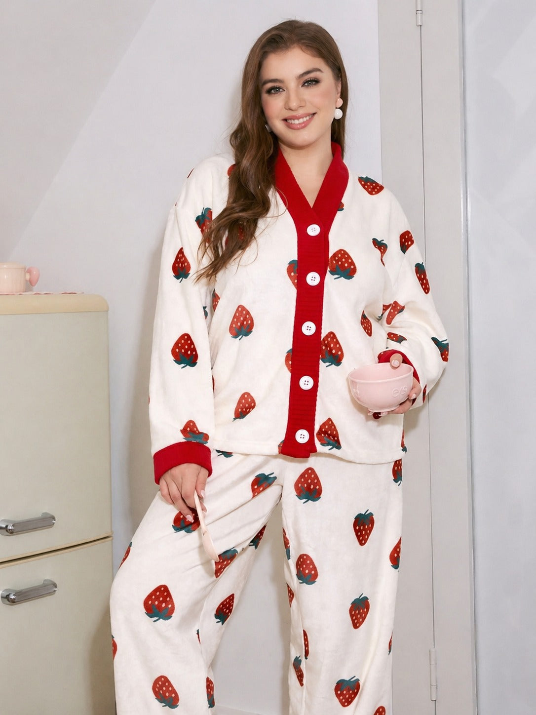 0000          Offwhite All Over Strawberry Printed Front Button Style For Her