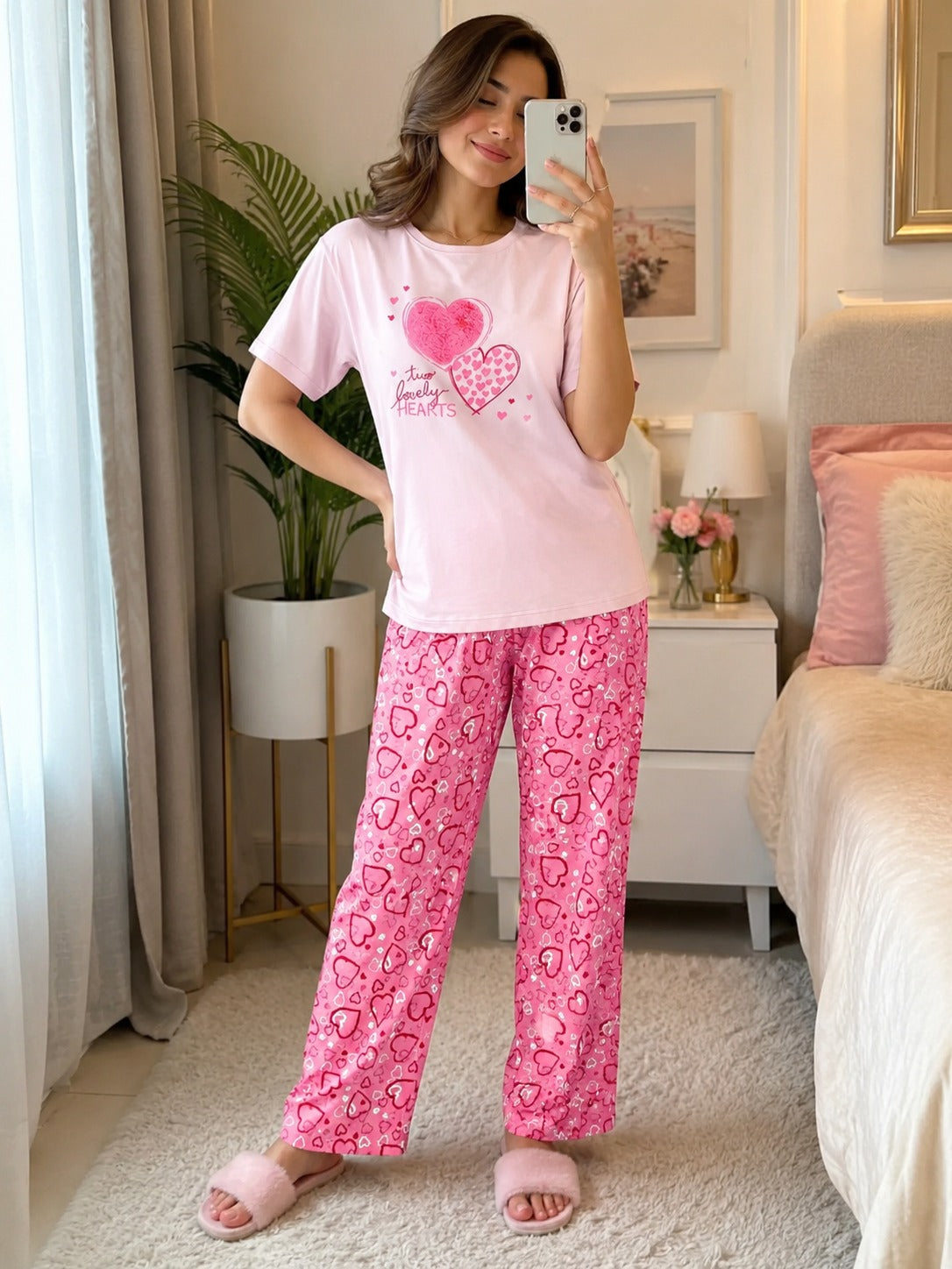 0000                  Baby Pink Two Lovely Heart  Printed Half Sleeves T-shirt With Heart Printed Pajama Suit