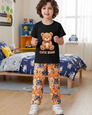 0000           Black Cute Bear Printed Half Sleeves T-shirt with Bear Printed  Pajama Kids Suits