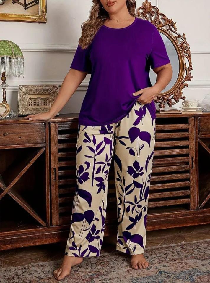 0000 Purple Plain Half Sleeves T-shirt With Floral Printed Pajama Suit