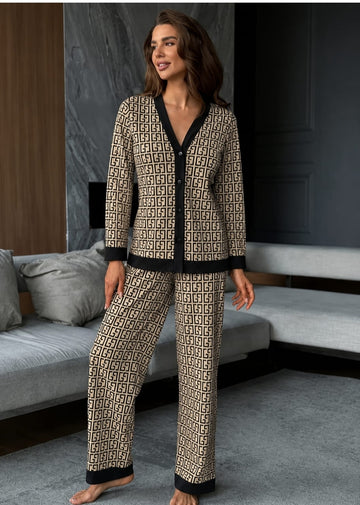 0000                 Brown Signature Monogram Button Night Suit for Her