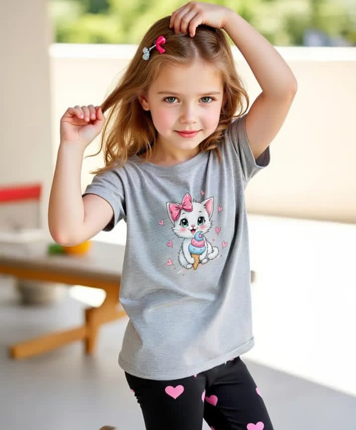 0000  Grey Kitty Printed Half Sleeves T-shirt with Black Pink Heart Printed Pajama Kids Suits