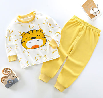 0001 Baba Offwhite Lion Printed Full Sleeves T-shirt with Yellow  Plain Pajama Kids Suits (1 Pcs)