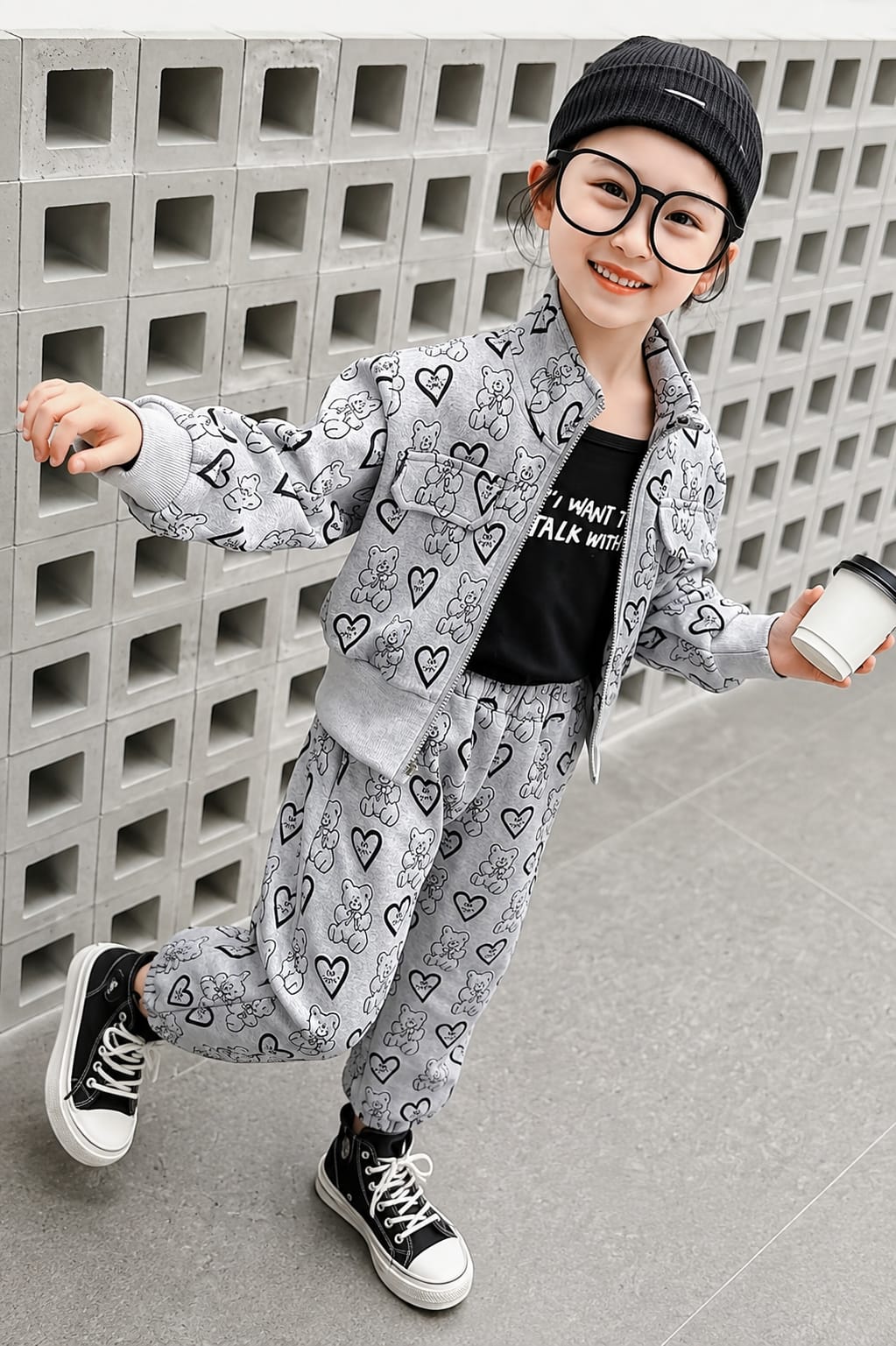 0000          Grey Teddy Bear Printed Zipper Kids Tracksuit