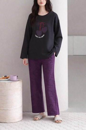 0000  Black Double Heart Printed Full Sleeves T-shirt With Purple Printed Pajama Suit