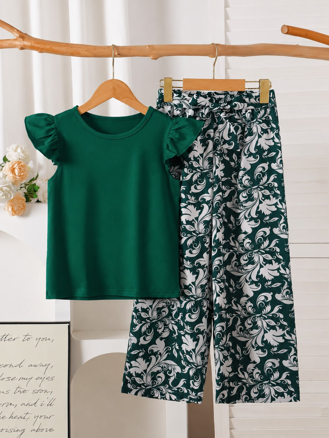 0000             Bottle Green Plain Frill Half Sleeves T-shirt with Floral Printed  Pajama Kids Suits