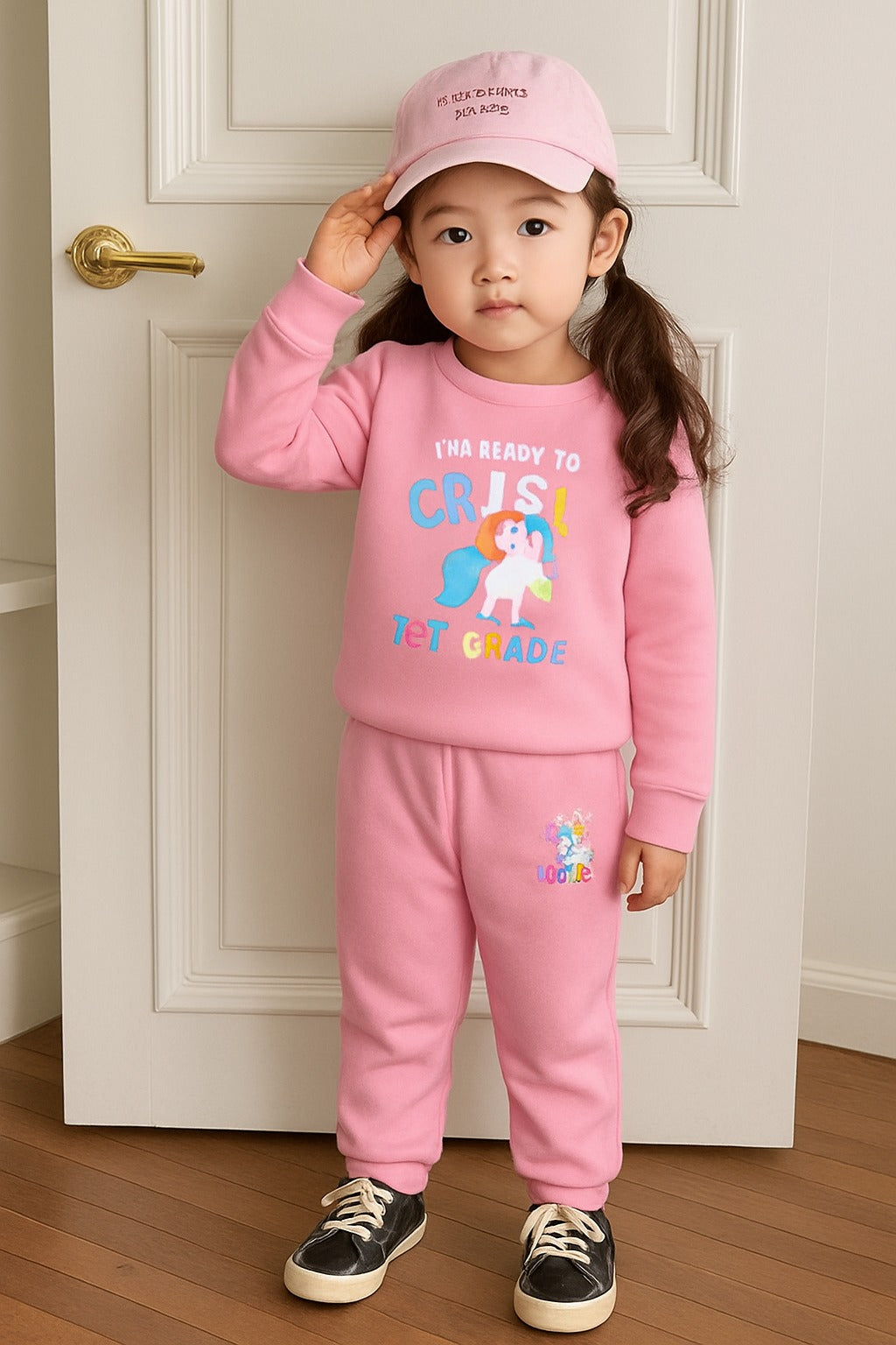 0000   Baby Pink I'M Ready to Crush Unicorn Printed Sweatshirt With Printed Tracksuit For Kids