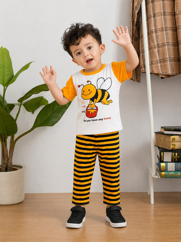 0000          Off White Yellow honey bee Printed Half Sleeves T-shirt with Black Lining  Pajama Kids Suits