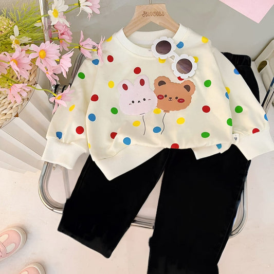 0001 Off-White Multi Dots Two Bear Print Sweatshirt With Black Trouser For Kids