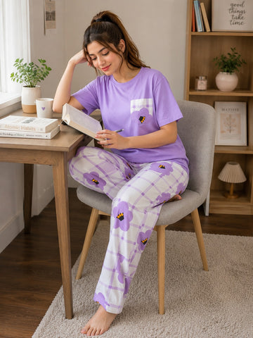 0000                  Lilac Check flower Pocket Printed Half Sleeves T-shirt With Check Flower Printed  Pajama Suit