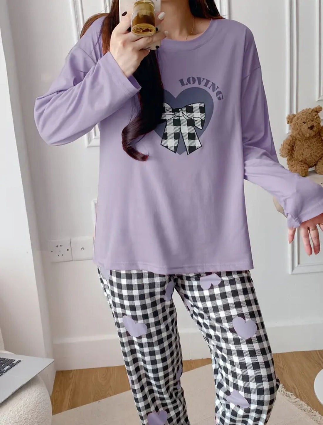 0000  Lilac Check Bow Heart  Printed Full Sleeves T-shirt With Check  Printed Pajama Suit