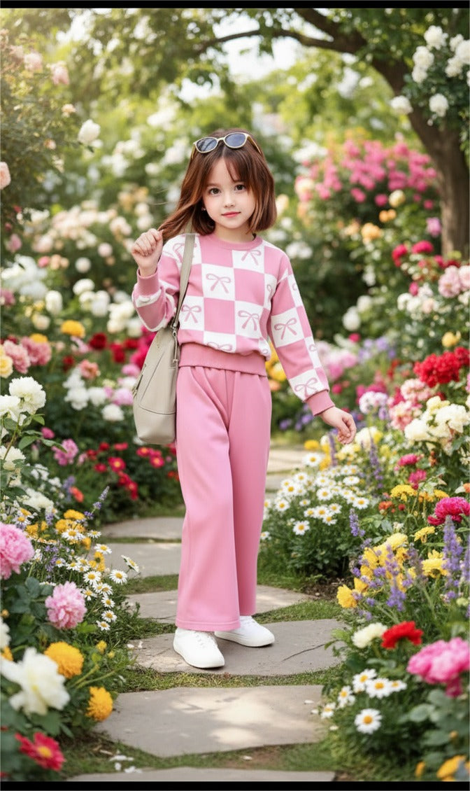 0000  Baby Pink Square Bow Printed Sweatshirt With Baby Pink Fleece Trouser Tracksuit For Kids