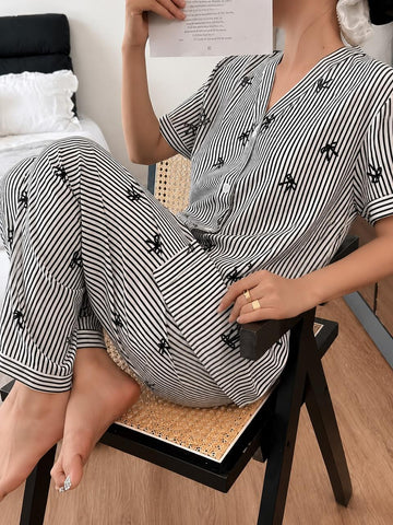 0000            Grey Black Lining Bow Printed Front Button Style For Her