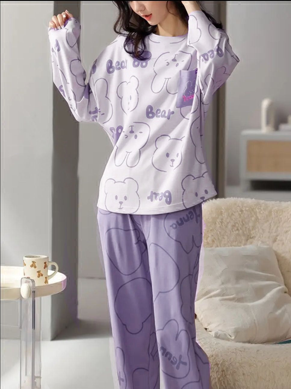 0000  Lilac All Over Bear Printed Full Sleeves T-shirt With Bear  Printed Pajama Suit