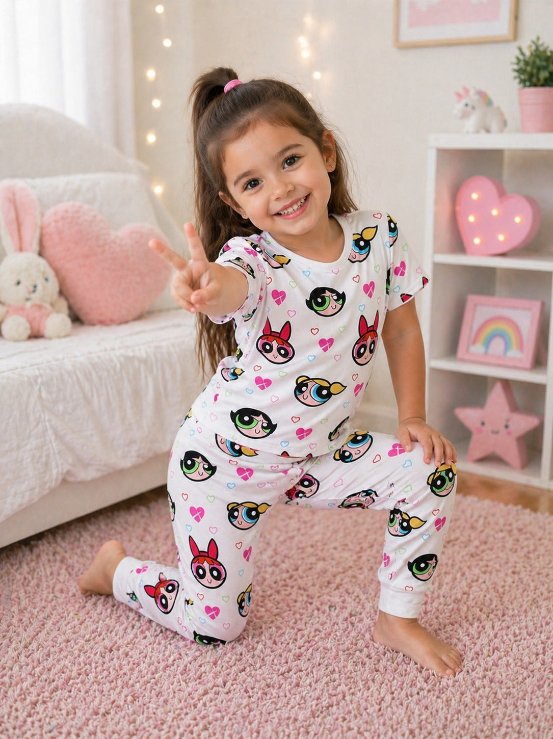 0000            Offwhite Power girls  Printed Half Sleeves T-shirt with Power Girl Digital Printed Pajama Kids Suits