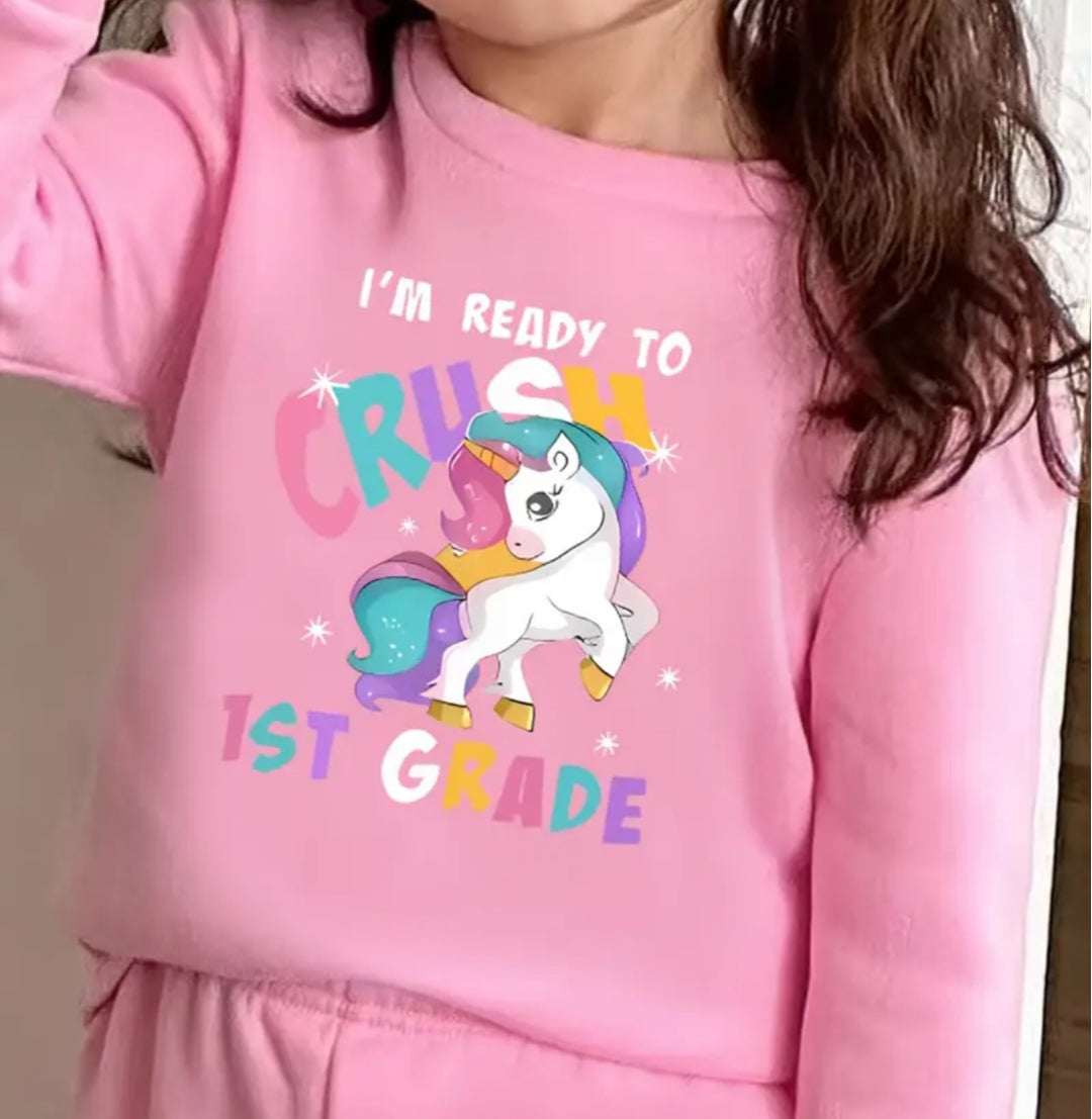 0000  Baby Pink I'M Ready to Crush Unicorn Printed Sweatshirt With Printed Tracksuit For Kids