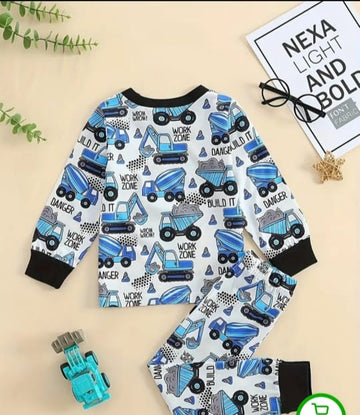 0001 Baba Blue and White Big Truck Printed Full Sleeves T-shirt with Truck Printed Pajama Kids Suits (1 Pcs)