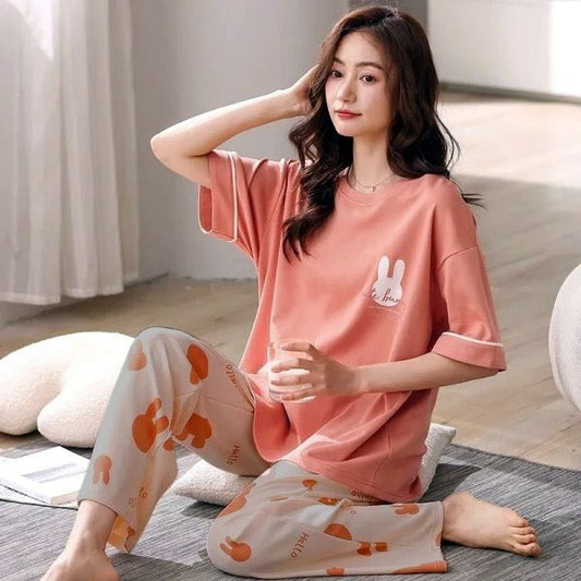 Peach Rabbit Printed Half Sleeves T-shirt With Printed Pajama Suit