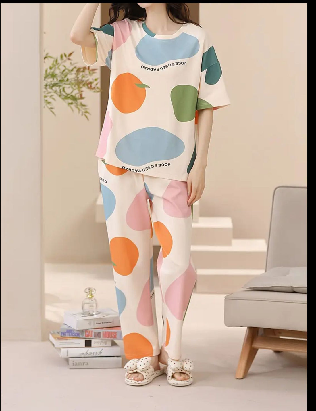 0000     Offwhite Multi Pattern Printed Half Sleeves T-shirt With multi  Printed Pajama Suit
