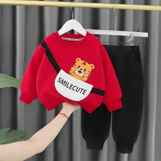 0001 Red Baby Cat Print Sweatshirt With Black Trouser For Kids