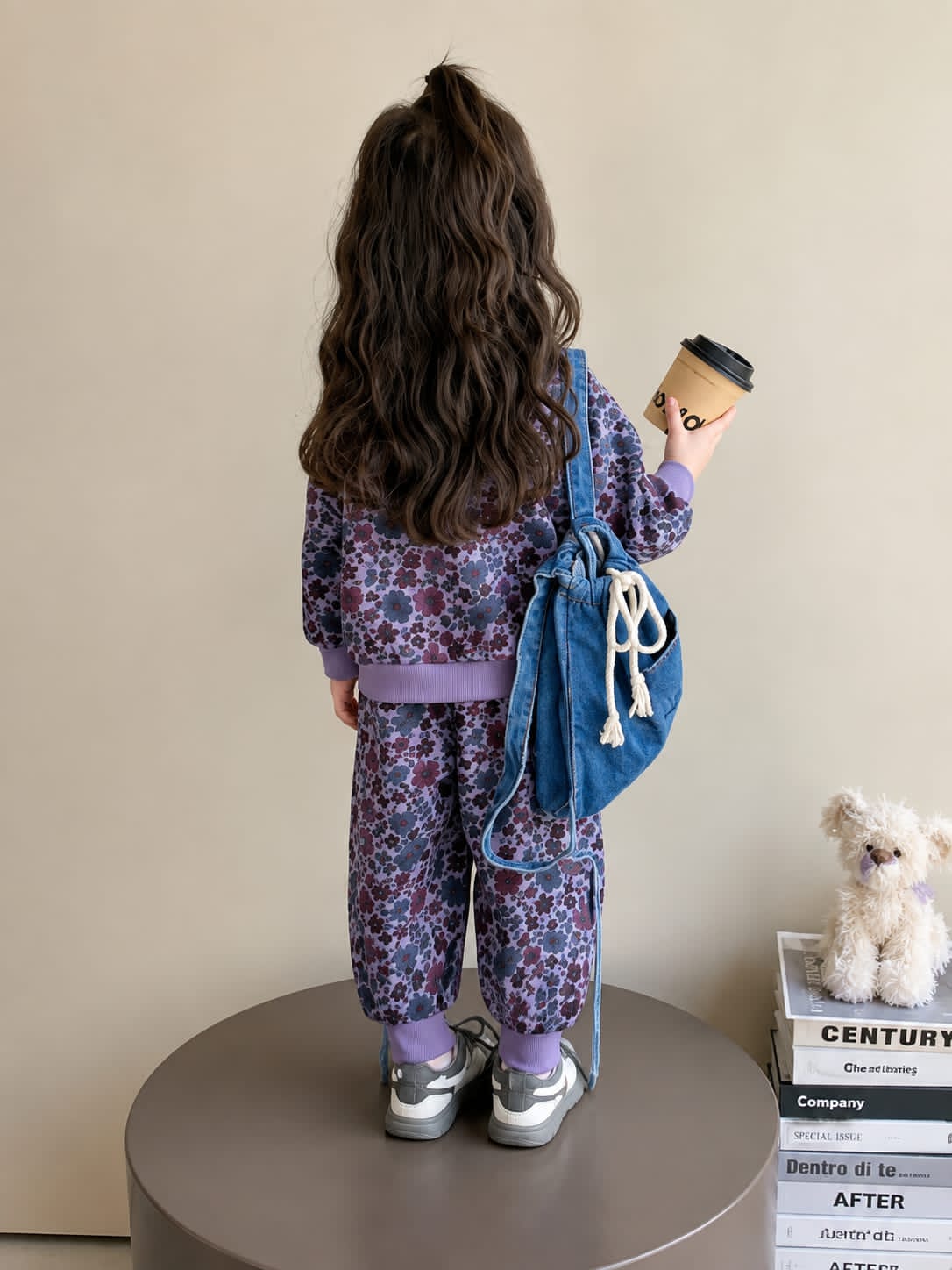 0000          Purple Floral Printed Half Zip Kids Tracksuit