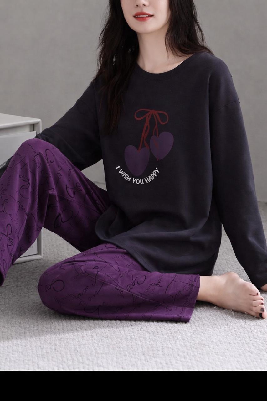 0000  Black Double Heart Printed Full Sleeves T-shirt With Purple Printed Pajama Suit