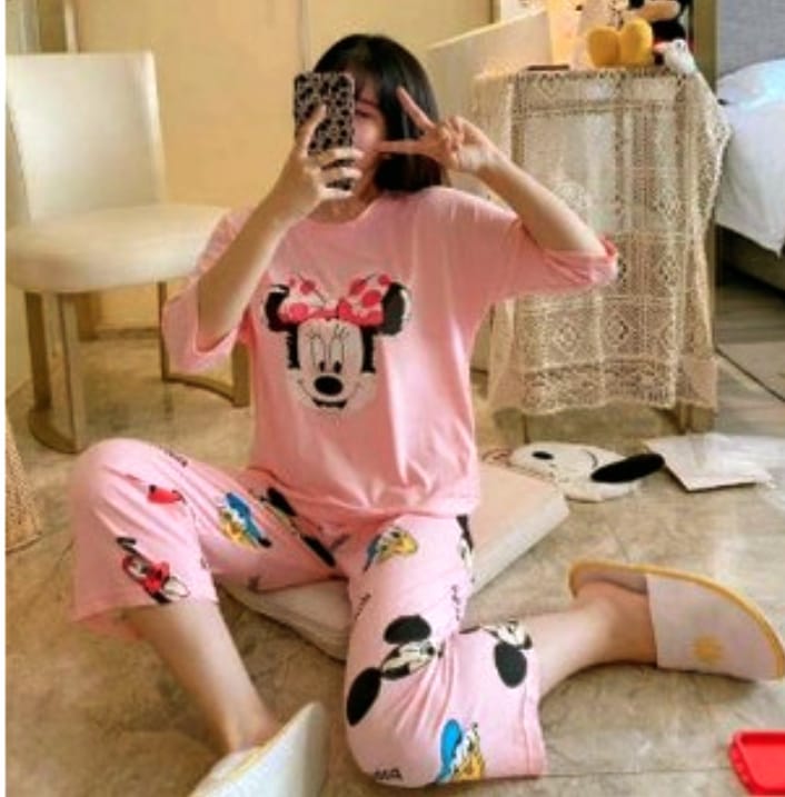0001 Baby Pink Mickey Printed Half Sleeves T-shirt With Mickey Printed Pajama Suit