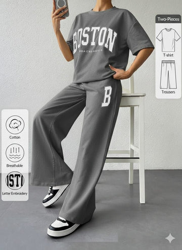 0000   Grey Boston Printed Half Sleeves T-shirt With B Printer Looss  Pajama Suit