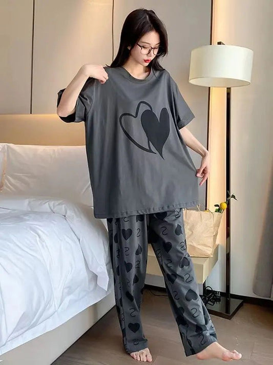 012 Grey Black Double Heart Half Sleeves T-shirt With Printed Pajama Suit