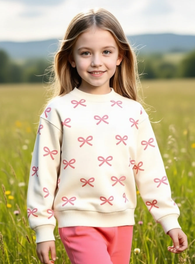 0000  Offwhite Pink Bow Printed Sweatshirt With Pink Fleece Trouser Tracksuit For Kids