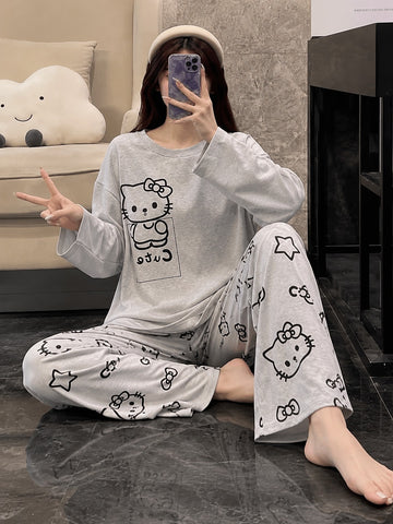 0000                  Grey Kitty Printed Full Sleeves T-shirt With Kitty Printed Pajama Suit