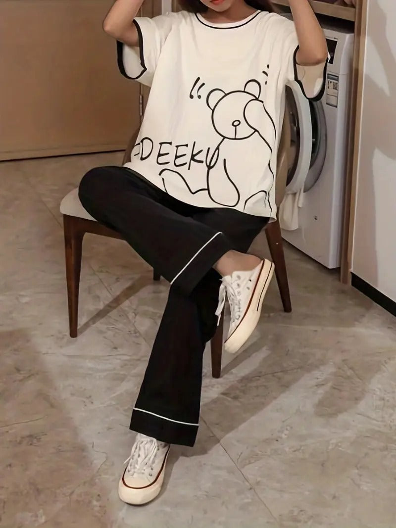 0000  Offwhite TIDEEKU Printed Half Sleeves T-shirt With Black Plain Pajama Suit