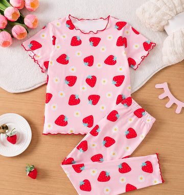 0000           Baby Pink All Over Strawberry  Printed Half Sleeves T-shirt with Strawberry Printed  Pajama Kids Suits
