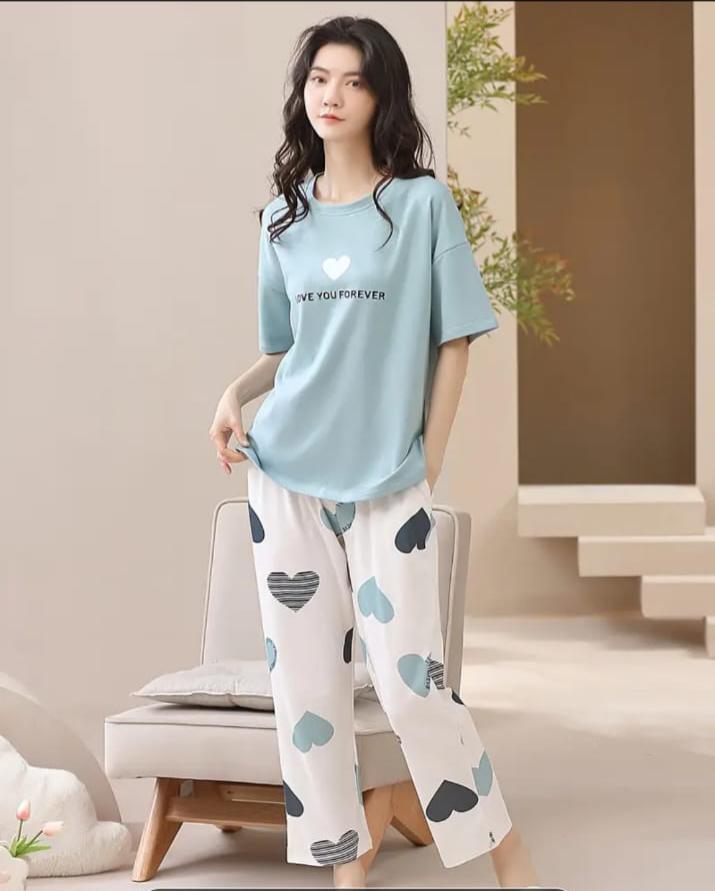 0000  Sky Blue Love You Forever  Printed Half Sleeves T-shirt With Heart Printed Pajama Suit