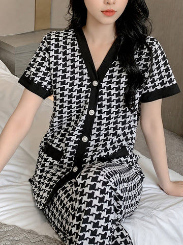 0000           Black and White Small Check Printed Front Button Style For Her