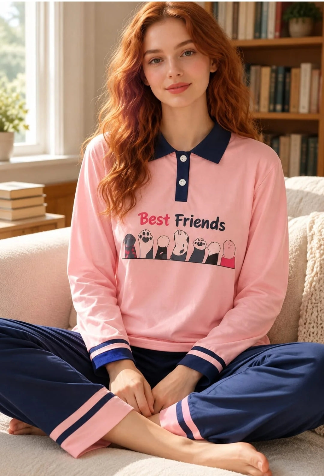 0000                   Pink & Blue Best Friends Printed Full Sleeves T-shirt With Blue Plain Pajama Suit