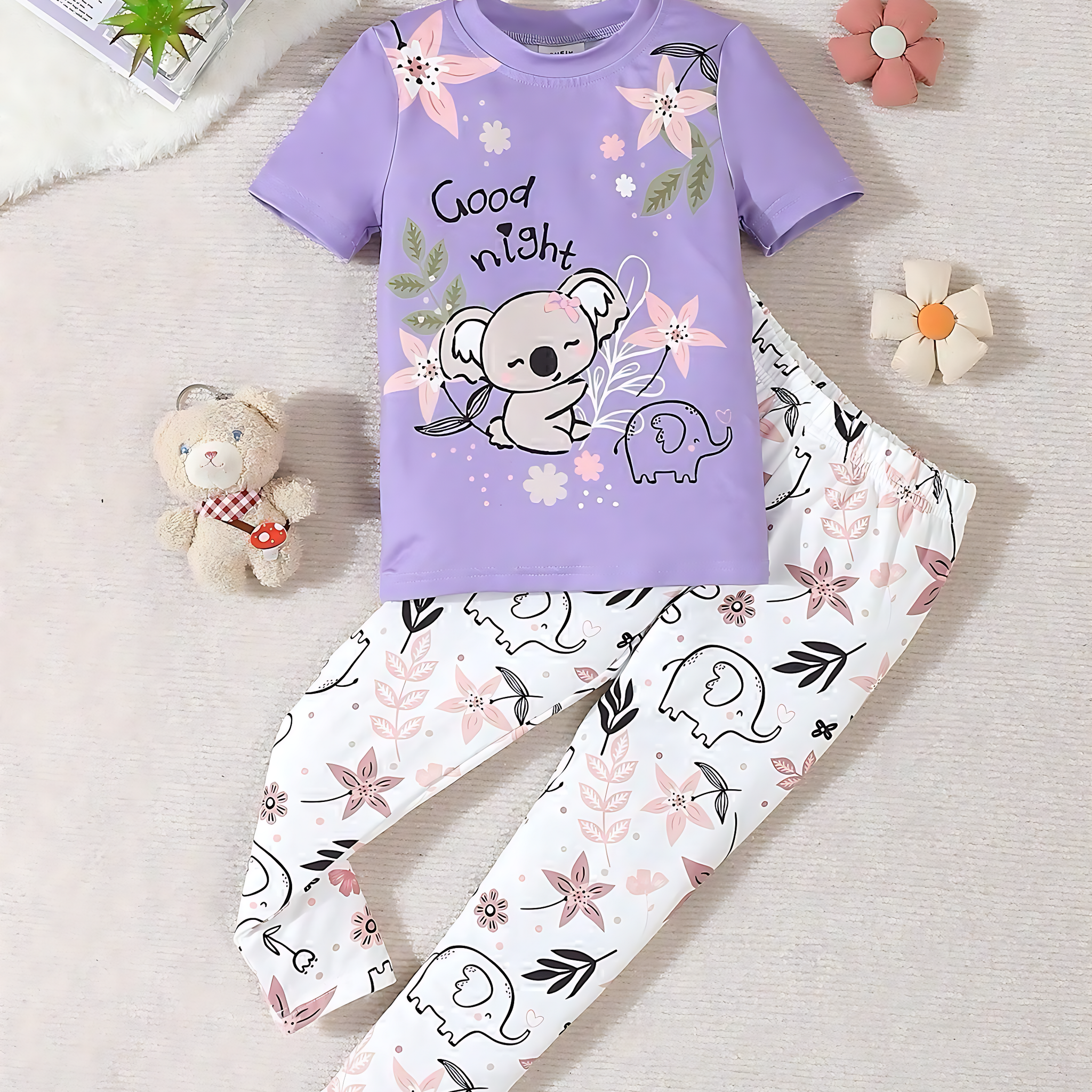 0000 Lilac Good Night Floral Bear  Printed Half Sleeves T-shirt with Floral Printed Pajama Kids Suits