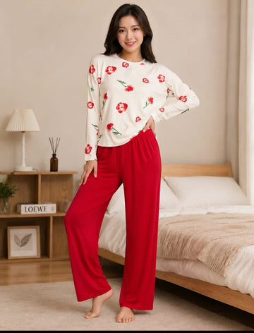 0000                   Offwhite Red Rose Printed Full Sleeves T-shirt With Red Plain Pajama Suit