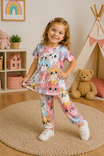 0000             Multi Cats Printed Half Sleeves T-shirt with Cats Printed  Pajama Kids Suits (Polyester)