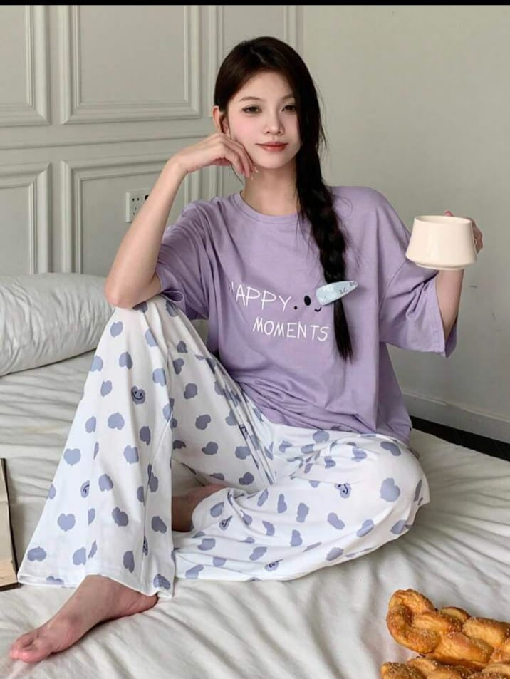 0001 Lilac Happy Moments Printed Half Sleeves T-shirt With heart Printed Pajama Suit